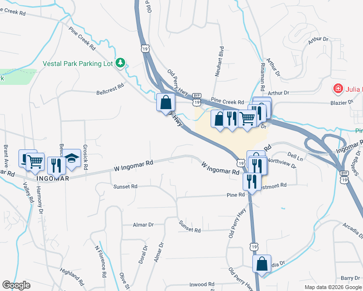 map of restaurants, bars, coffee shops, grocery stores, and more near 907 Camelot Drive in Pittsburgh