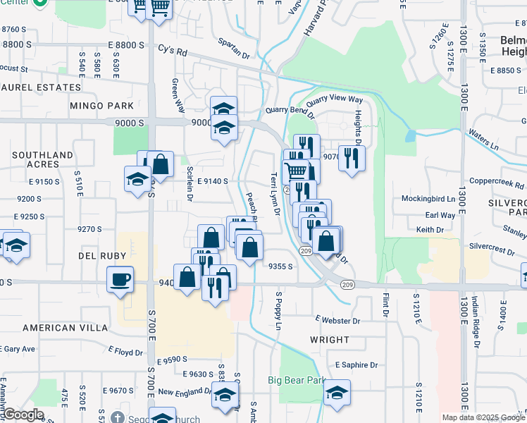 map of restaurants, bars, coffee shops, grocery stores, and more near 911 Karon Circle in Sandy