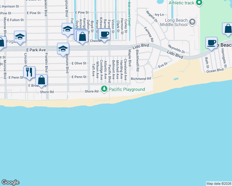 map of restaurants, bars, coffee shops, grocery stores, and more near 71 Harding Avenue in Long Beach