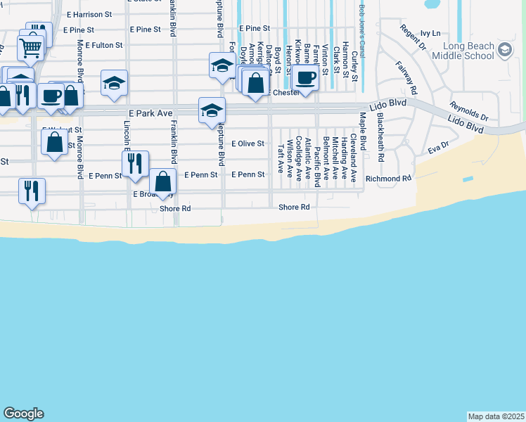map of restaurants, bars, coffee shops, grocery stores, and more near 666 Shore Road in Long Beach