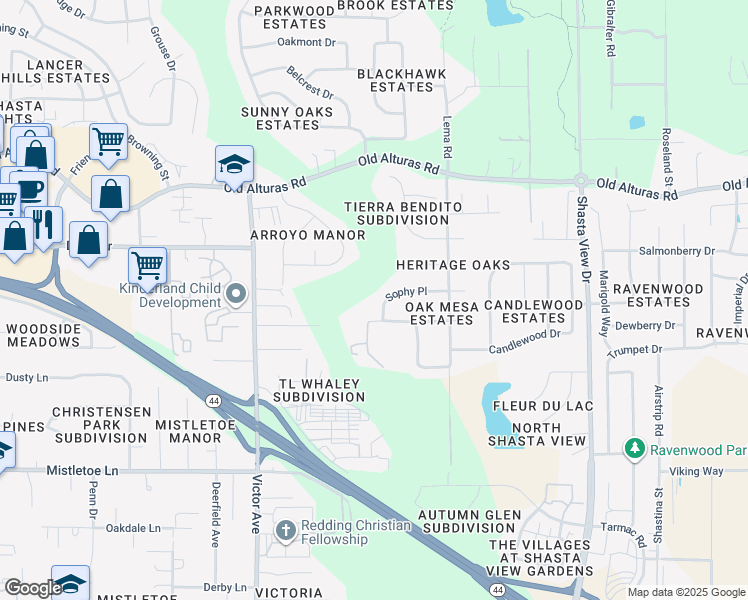 map of restaurants, bars, coffee shops, grocery stores, and more near 2114 Sophy Pl in Redding