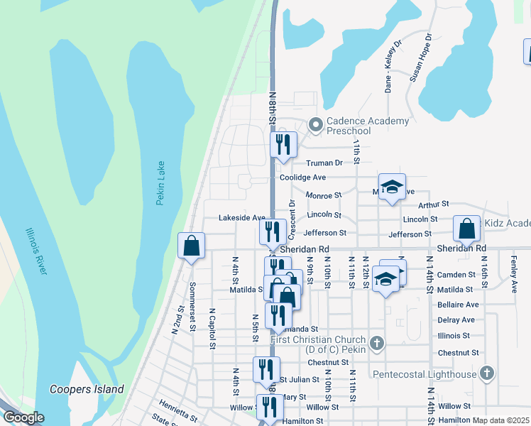 map of restaurants, bars, coffee shops, grocery stores, and more near 1701 North 8th Street in Pekin