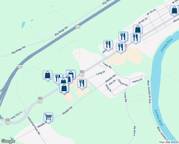 map of restaurants, bars, coffee shops, grocery stores, and more near Highway 522 South in Mifflin County