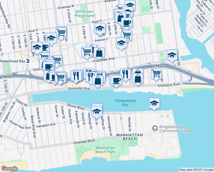 map of restaurants, bars, coffee shops, grocery stores, and more near 2601 Emmons Avenue in Brooklyn