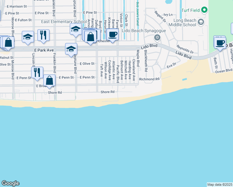 map of restaurants, bars, coffee shops, grocery stores, and more near 1 Pacific Boulevard in Long Beach