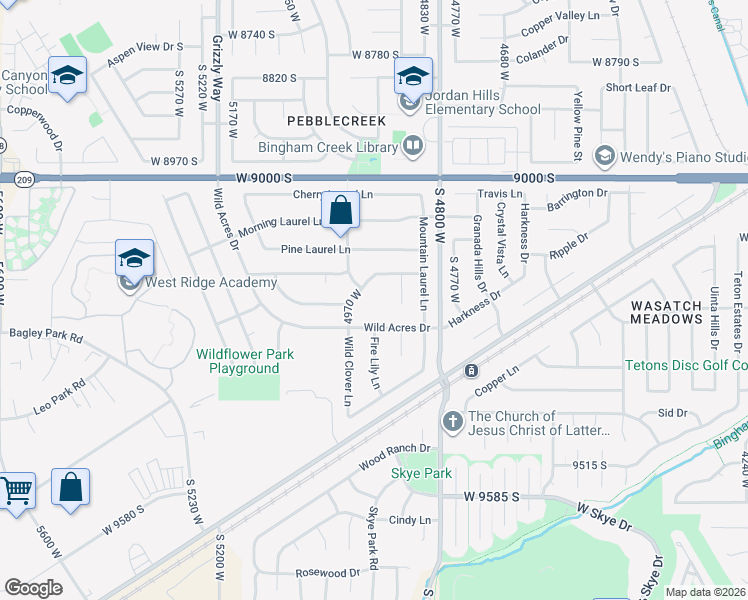 map of restaurants, bars, coffee shops, grocery stores, and more near 9205 South Wild Clover Lane in West Jordan