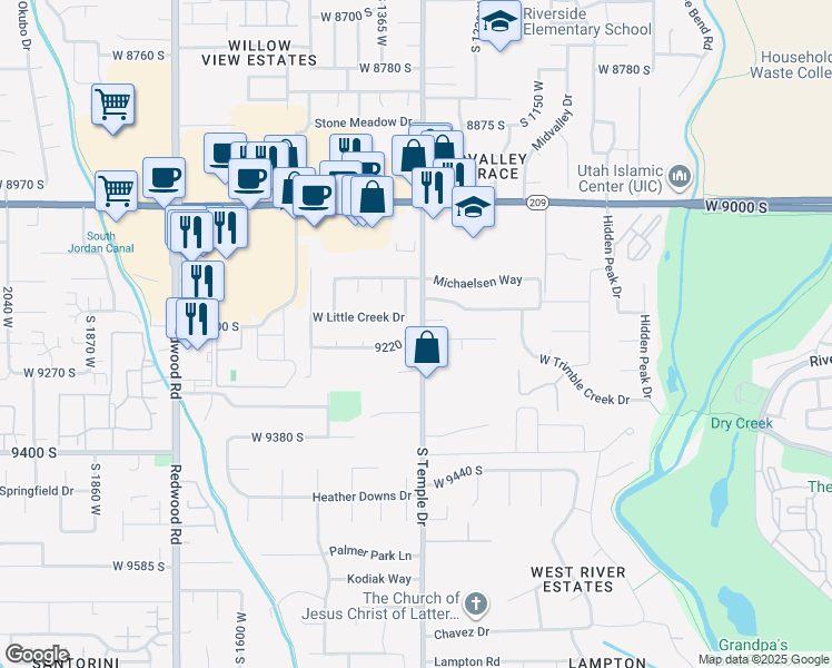 map of restaurants, bars, coffee shops, grocery stores, and more near 1310 9220 South in West Jordan