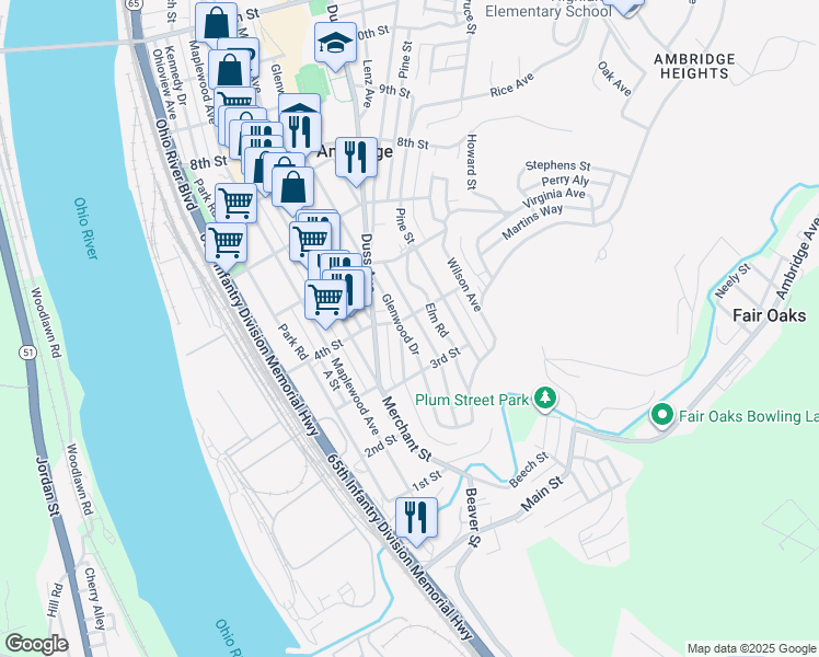 map of restaurants, bars, coffee shops, grocery stores, and more near 344 Glenwood Drive in Ambridge