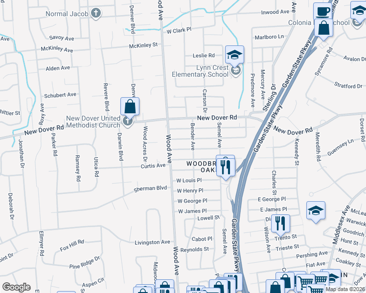map of restaurants, bars, coffee shops, grocery stores, and more near 19 West Warren Street in Woodbridge Township