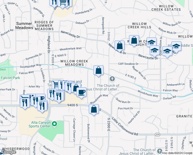 map of restaurants, bars, coffee shops, grocery stores, and more near 9205 Alvey Lane in Sandy