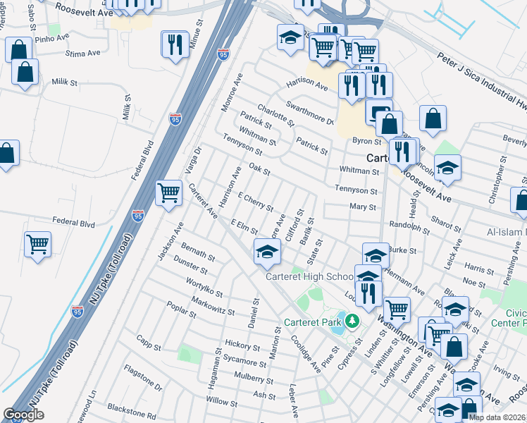 map of restaurants, bars, coffee shops, grocery stores, and more near 145 East Cherry Street in Carteret