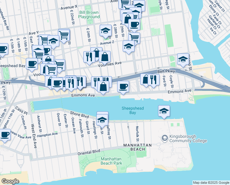 map of restaurants, bars, coffee shops, grocery stores, and more near 2601 Emmons Avenue in Brooklyn