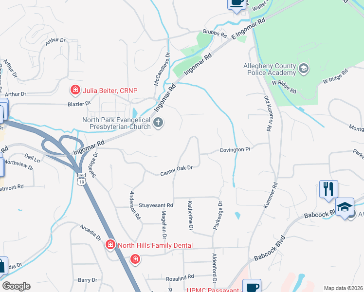 map of restaurants, bars, coffee shops, grocery stores, and more near 1042 Center Oak Dr in Pittsburgh