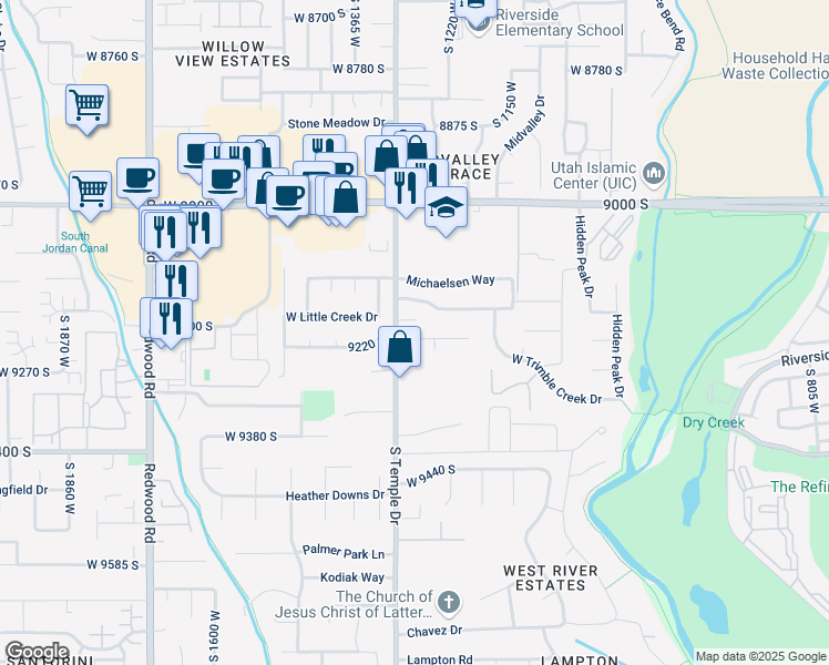 map of restaurants, bars, coffee shops, grocery stores, and more near 1276 9220 South in West Jordan