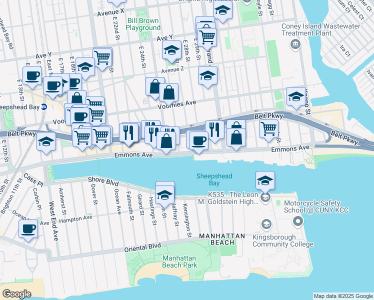 map of restaurants, bars, coffee shops, grocery stores, and more near 2619 Emmons Avenue in Brooklyn