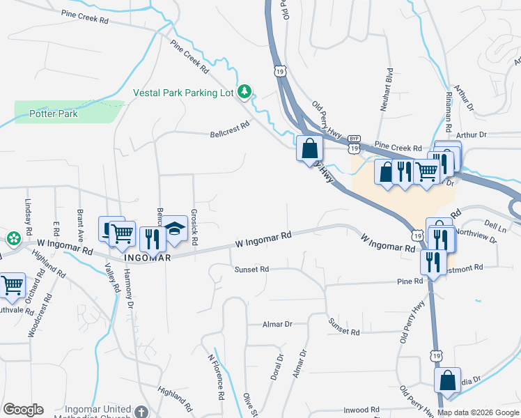 map of restaurants, bars, coffee shops, grocery stores, and more near 424 West Ingomar Road in Pittsburgh