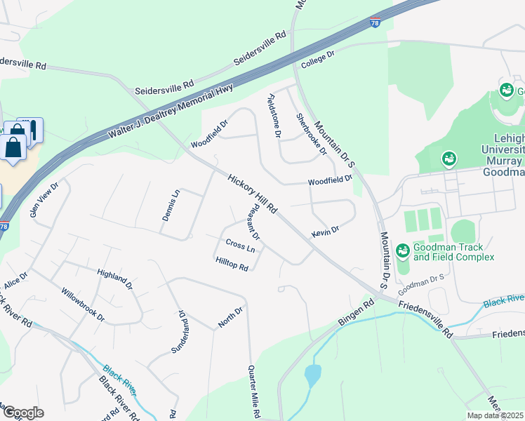 map of restaurants, bars, coffee shops, grocery stores, and more near 2079 Pleasant Drive in Bethlehem