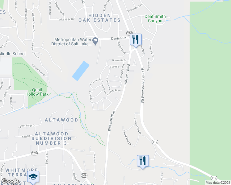 map of restaurants, bars, coffee shops, grocery stores, and more near 9216 Wasatch Boulevard in Sandy