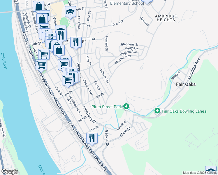 map of restaurants, bars, coffee shops, grocery stores, and more near 307 Wilson Ave in Ambridge