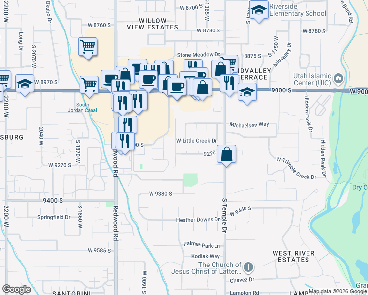 map of restaurants, bars, coffee shops, grocery stores, and more near 9191 South 1500 West in West Jordan