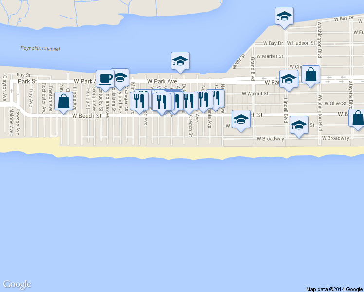 map of restaurants, bars, coffee shops, grocery stores, and more near 879 Boardwalk in Long Beach