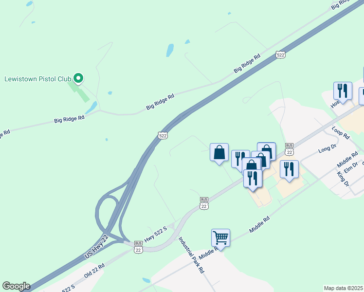 map of restaurants, bars, coffee shops, grocery stores, and more near 216 Cliffside Drive in Lewistown