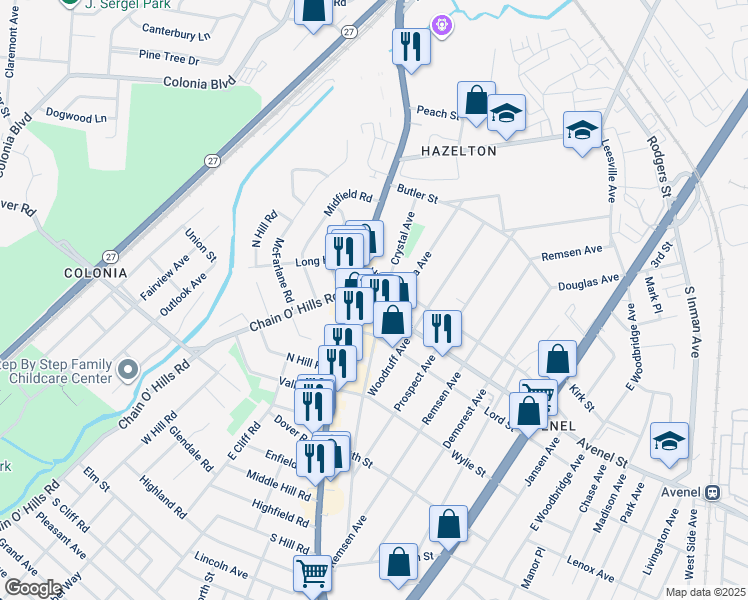 map of restaurants, bars, coffee shops, grocery stores, and more near 1330 Saint Georges Avenue in Woodbridge Township