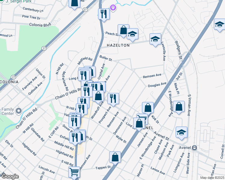 map of restaurants, bars, coffee shops, grocery stores, and more near 280 Woodruff Avenue in Woodbridge Township