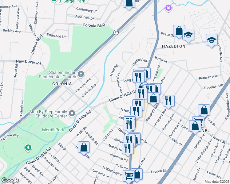 map of restaurants, bars, coffee shops, grocery stores, and more near 126 North Hill Road in Woodbridge Township