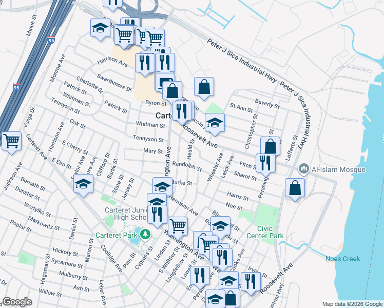 map of restaurants, bars, coffee shops, grocery stores, and more near 128 Heald Street in Carteret