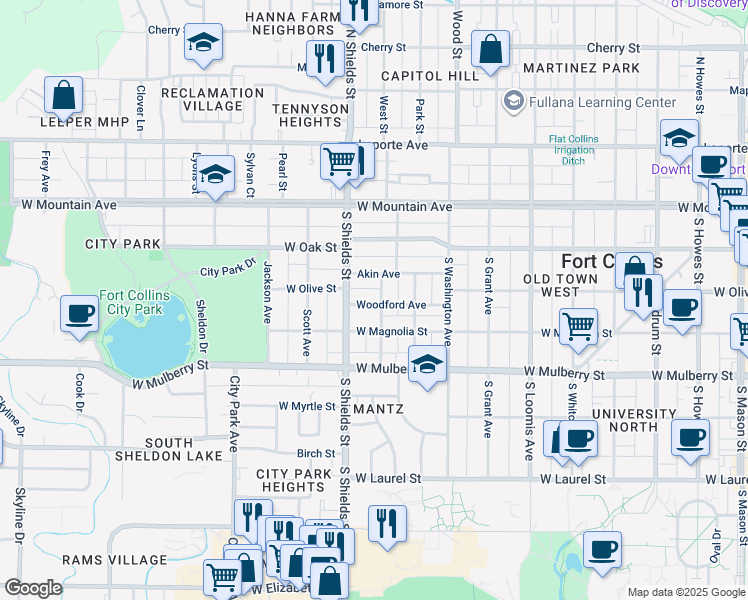 map of restaurants, bars, coffee shops, grocery stores, and more near 315 Wayne Street in Fort Collins