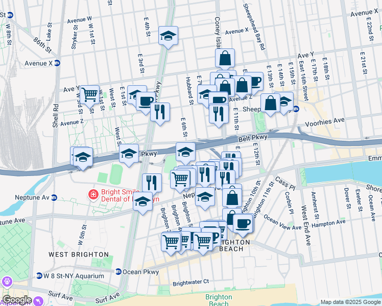 map of restaurants, bars, coffee shops, grocery stores, and more near 275 Brighton 6th Street in Brooklyn
