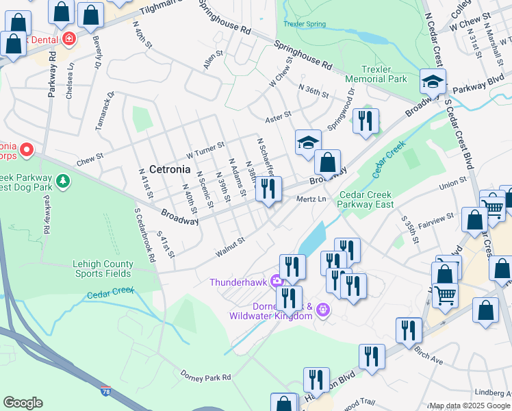 map of restaurants, bars, coffee shops, grocery stores, and more near 3814 Broadway in Allentown