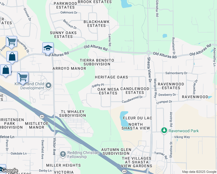 map of restaurants, bars, coffee shops, grocery stores, and more near 2169 Sophy Place in Redding