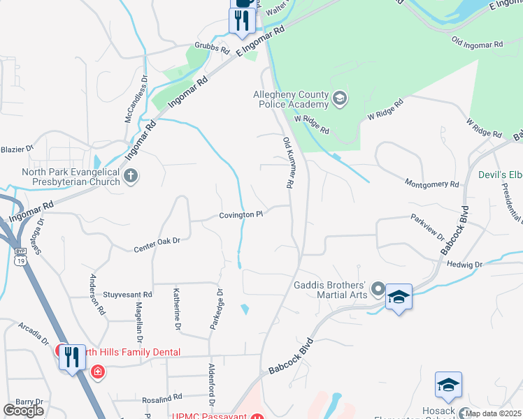 map of restaurants, bars, coffee shops, grocery stores, and more near 1016 Covington Place in McCandless
