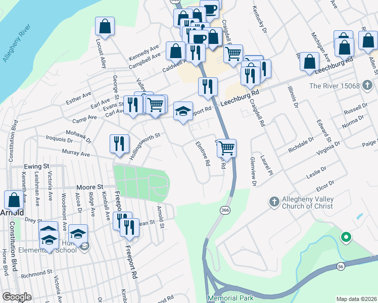map of restaurants, bars, coffee shops, grocery stores, and more near 288 Elmtree Rd in New Kensington