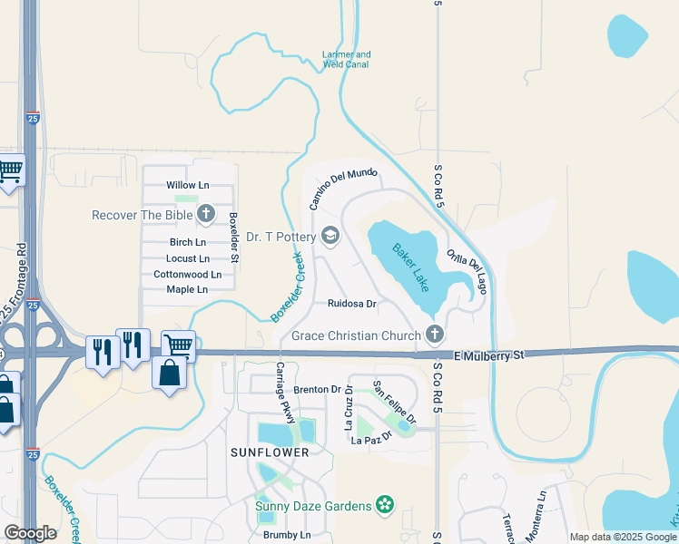map of restaurants, bars, coffee shops, grocery stores, and more near 300 Sierra Vista Drive in Fort Collins