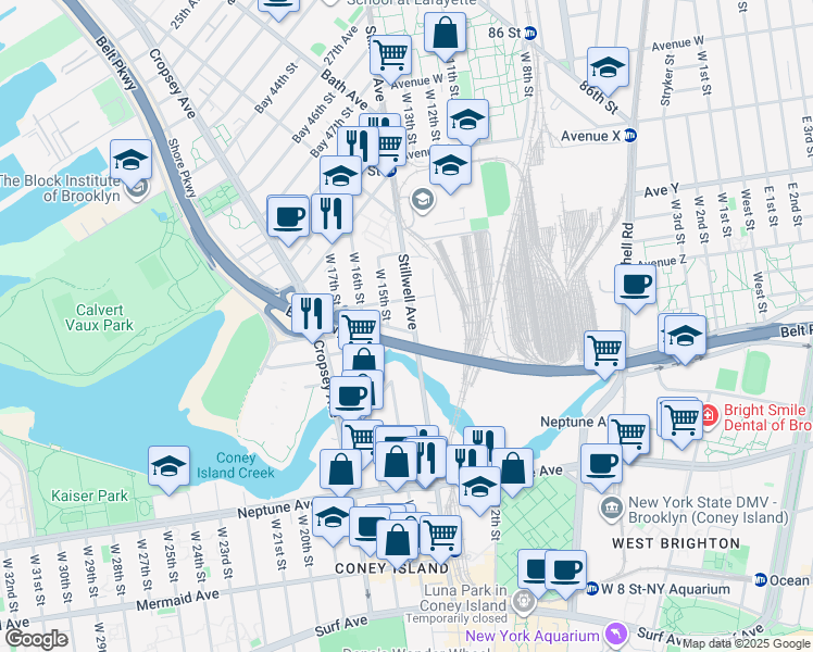 map of restaurants, bars, coffee shops, grocery stores, and more near 2608 Stillwell Ave in Brooklyn