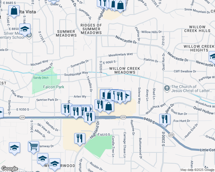 map of restaurants, bars, coffee shops, grocery stores, and more near 2047 Village Point Way in Sandy