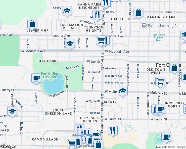 map of restaurants, bars, coffee shops, grocery stores, and more near 307 Scott Avenue in Fort Collins
