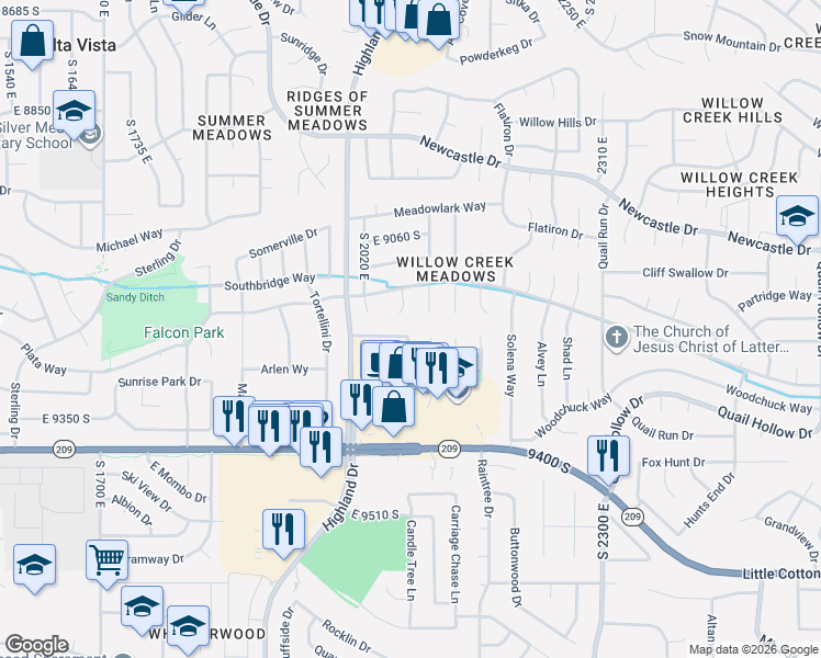 map of restaurants, bars, coffee shops, grocery stores, and more near 9214 Stone View Cove in Sandy