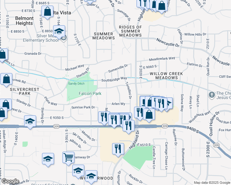 map of restaurants, bars, coffee shops, grocery stores, and more near 9202 Creponette Drive in Sandy