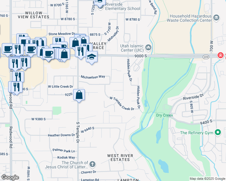 map of restaurants, bars, coffee shops, grocery stores, and more near 1142 West Trimble Creek Drive in West Jordan