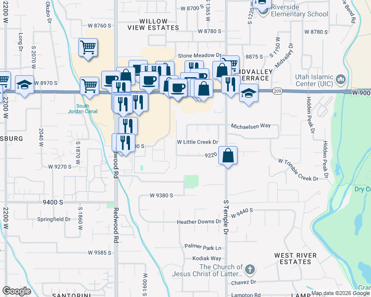 map of restaurants, bars, coffee shops, grocery stores, and more near 9191 South 1500 West in West Jordan