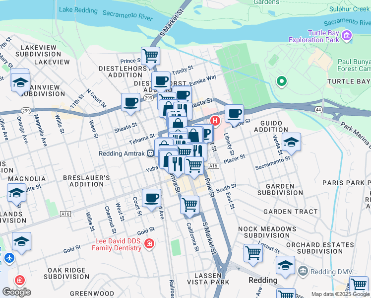 map of restaurants, bars, coffee shops, grocery stores, and more near in Redding