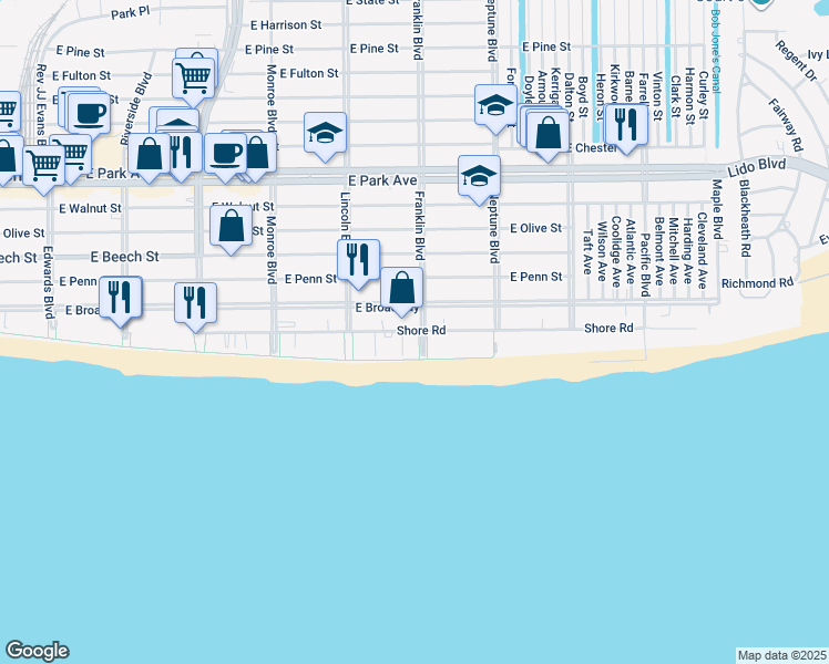 map of restaurants, bars, coffee shops, grocery stores, and more near 25 Franklin Boulevard in Long Beach