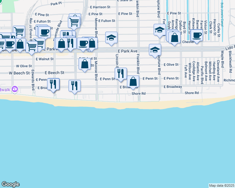 map of restaurants, bars, coffee shops, grocery stores, and more near 365 Shore Road in Long Beach