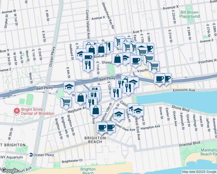 map of restaurants, bars, coffee shops, grocery stores, and more near 1147 Banner Avenue in Brooklyn