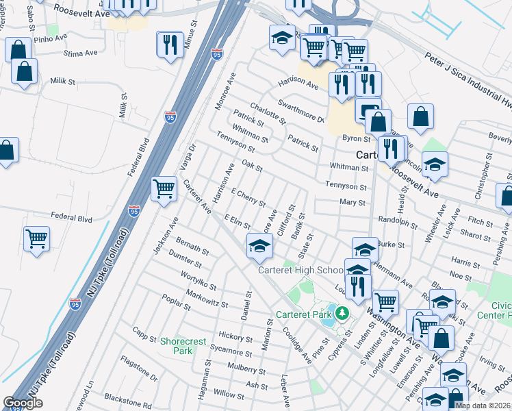 map of restaurants, bars, coffee shops, grocery stores, and more near 145 East Cherry Street in Carteret
