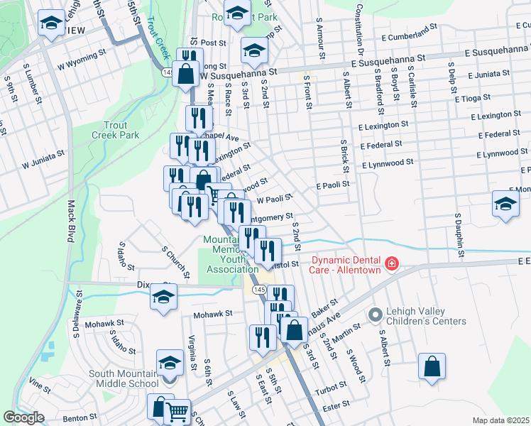 map of restaurants, bars, coffee shops, grocery stores, and more near 309 West Montgomery Street in Allentown